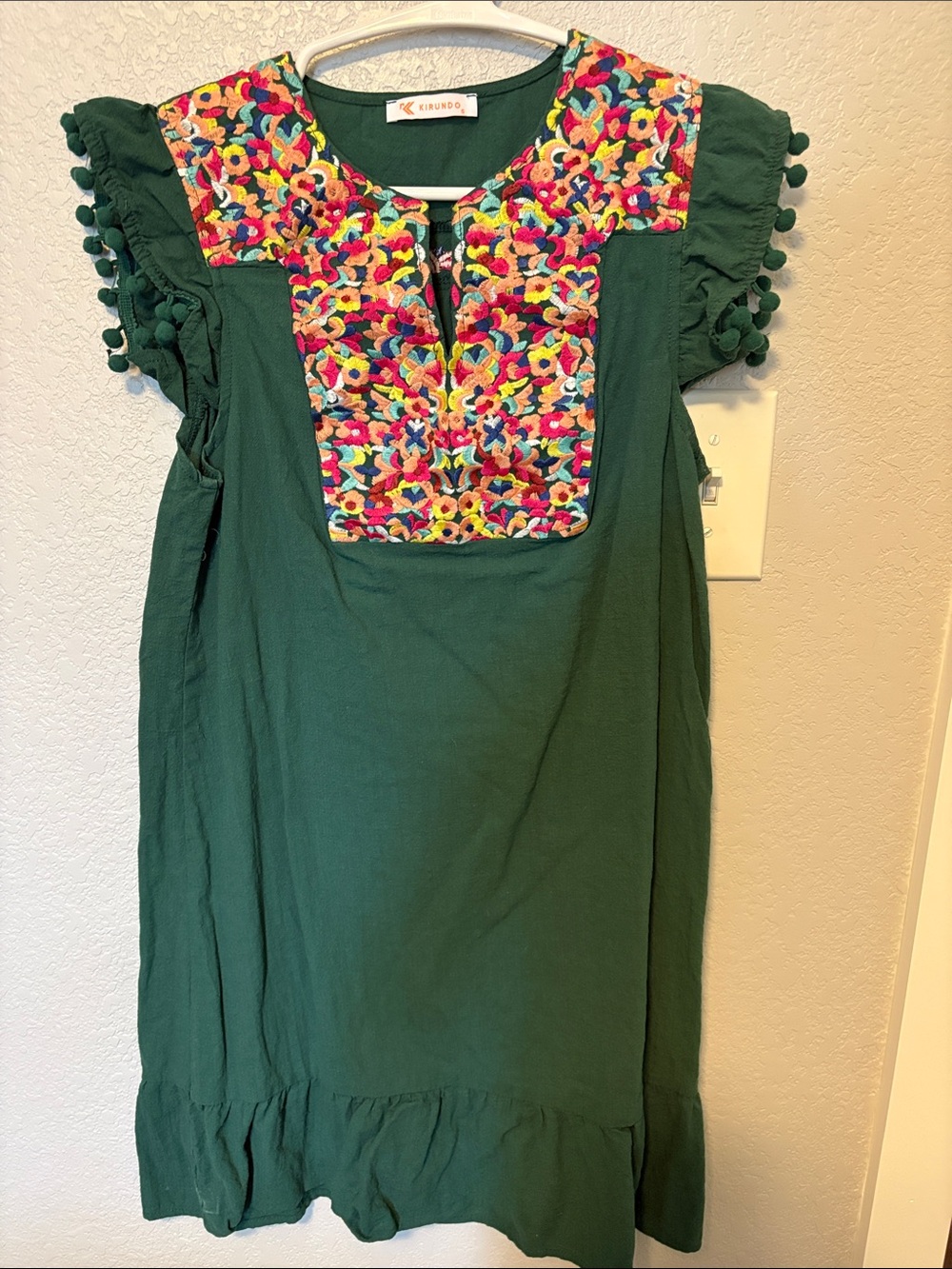 Embroidered Green Casual Women’s Dress with Pom-Pom Sleeves